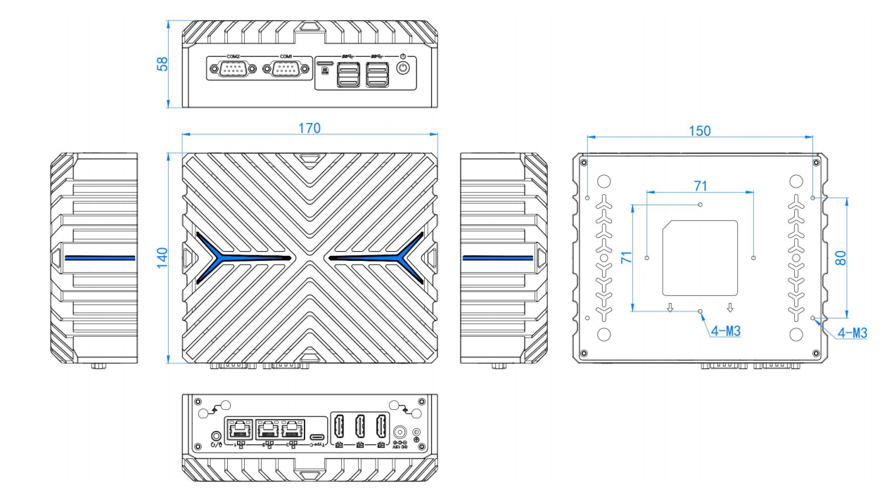 Ultra 5 125 U Aluminum alloy Industrial Mini PC 4 Signal port(3*HDMI USB-C), 3*2.5G LAN